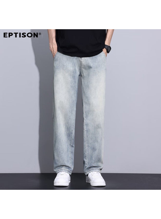 EPTISON Yipintiancheng Wide-leg Jeans For Men, Summer Lightweight Style, Elastic Waistband, Loose Casual American High Street Trendy Straight-leg Pants For Me - Image 3