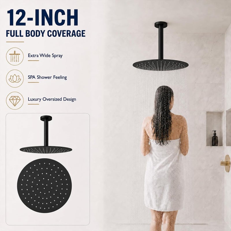 BSTIIU 12 Inch Round Rainfall Shower head, Ultra Thin Stainless Steel Shower Head, Wall or Ceiling Mount, Matte Black - Image 2