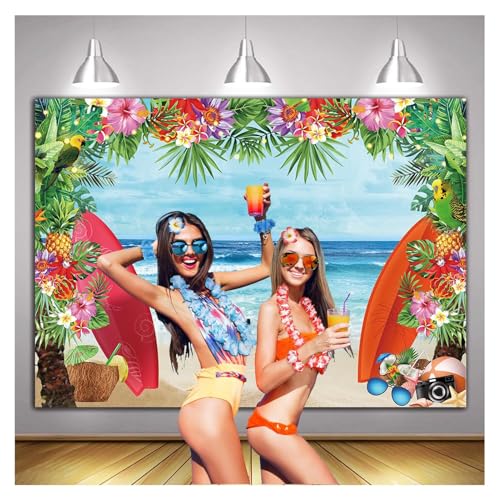 HQM 7x5FT Fabric Summer Tropical Beach Photo Background Beach Conch Hawaii Blue Sea Flower Children Birthday Luau Party Photography Backdrop Kids Baby Shower Cake Table Decor Supplies - Image 2