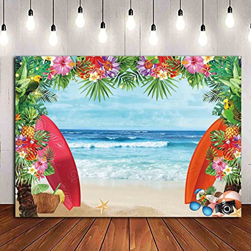 HQM 7x5FT Fabric Summer Tropical Beach Photo Background Beach Conch Hawaii Blue Sea Flower Children Birthday Luau Party Photography Backdrop Kids Baby Shower Cake Table Decor Supplies - Image 1