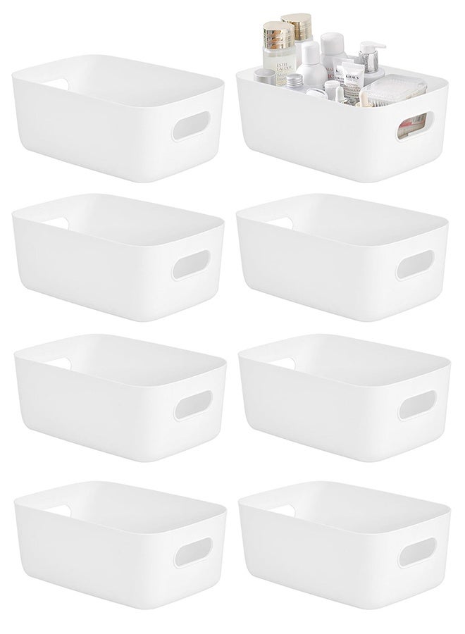 8 PCS Plastic Storage Bins Basket with Handles Toy Organizers and Storage Bins for Home Cupboard Kitchen Bathroom Office Pantry Organization(White) - Image 1