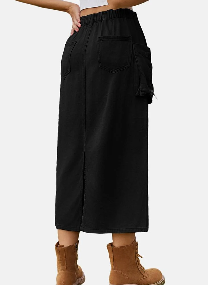 يونيكي Black Mid Rise Plain Midi Skirt