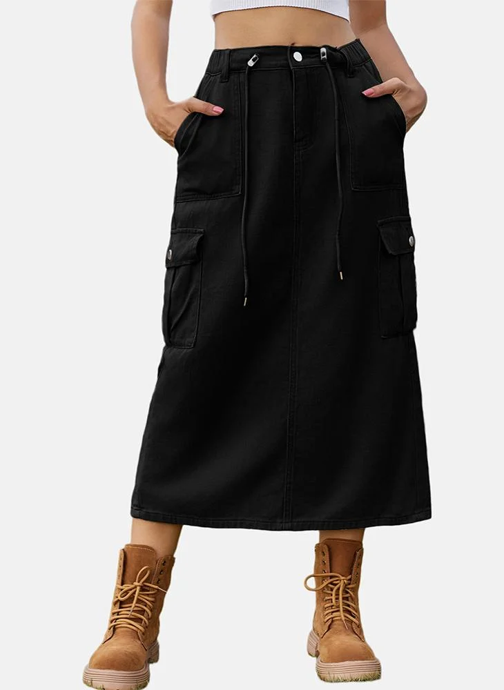 يونيكي Black Mid Rise Plain Midi Skirt