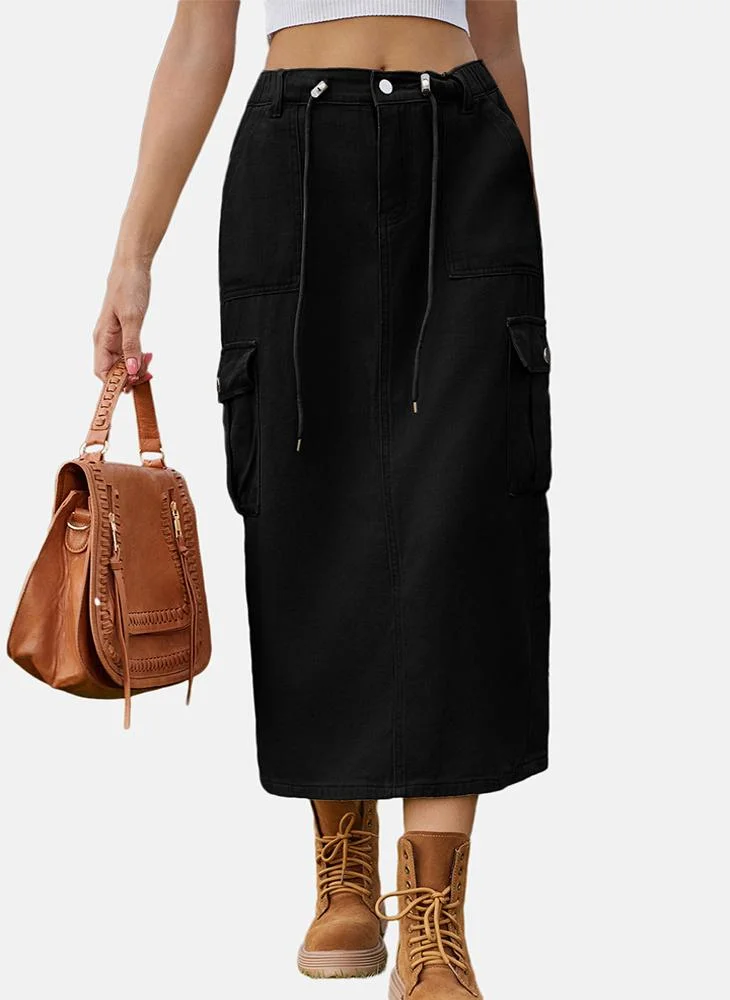 يونيكي Black Mid Rise Plain Midi Skirt