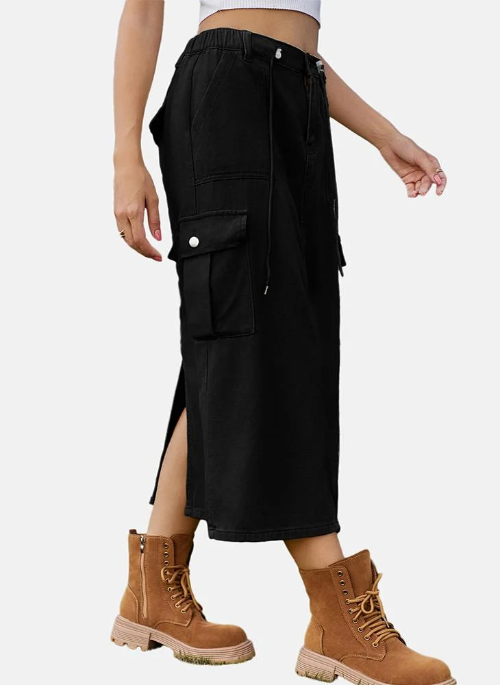 يونيكي Black Mid Rise Plain Midi Skirt