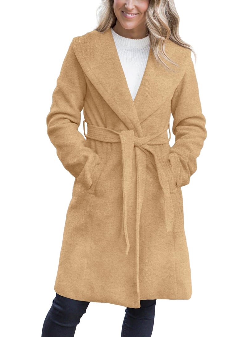 Fazortev Women's Winter Pea Coat Big Lapel Open Front Long Jackets Belted With Pockets - Image 2