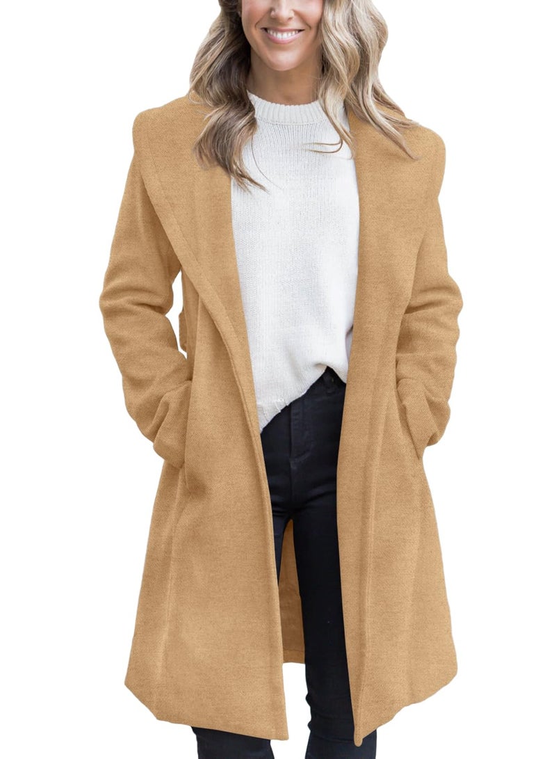 Fazortev Women's Winter Pea Coat Big Lapel Open Front Long Jackets Belted With Pockets - Image 1