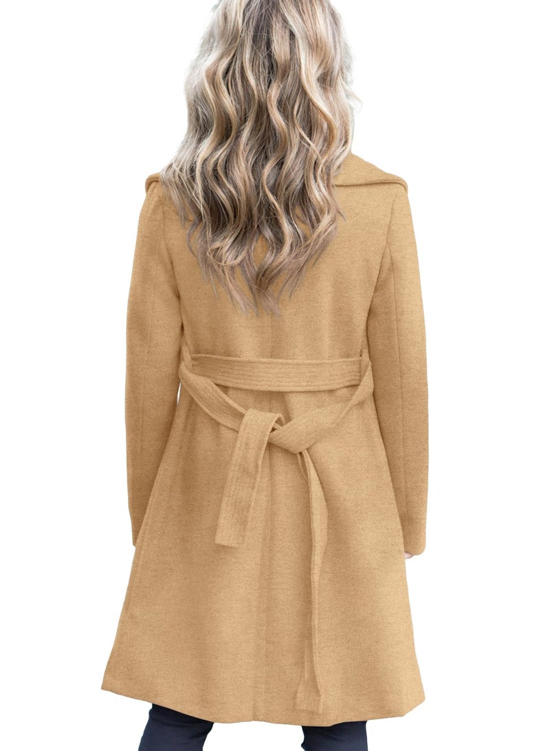 Fazortev Women's Winter Pea Coat Big Lapel Open Front Long Jackets Belted With Pockets - Image 3