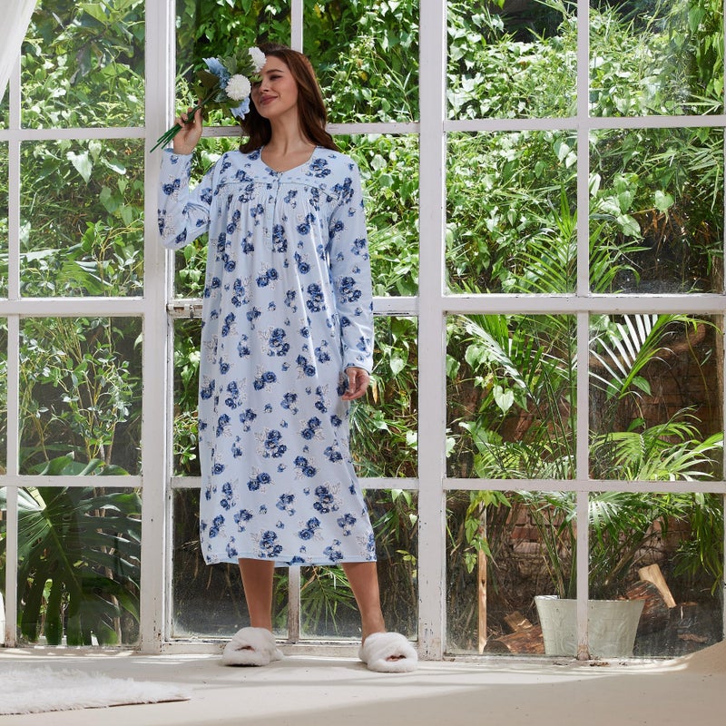 Keyocean Women Nightgowns, Soft Cotton Comfortable Long Sleeves Ladies Nightdress Sleeping Gown, Blue Rose, Small - Image 5