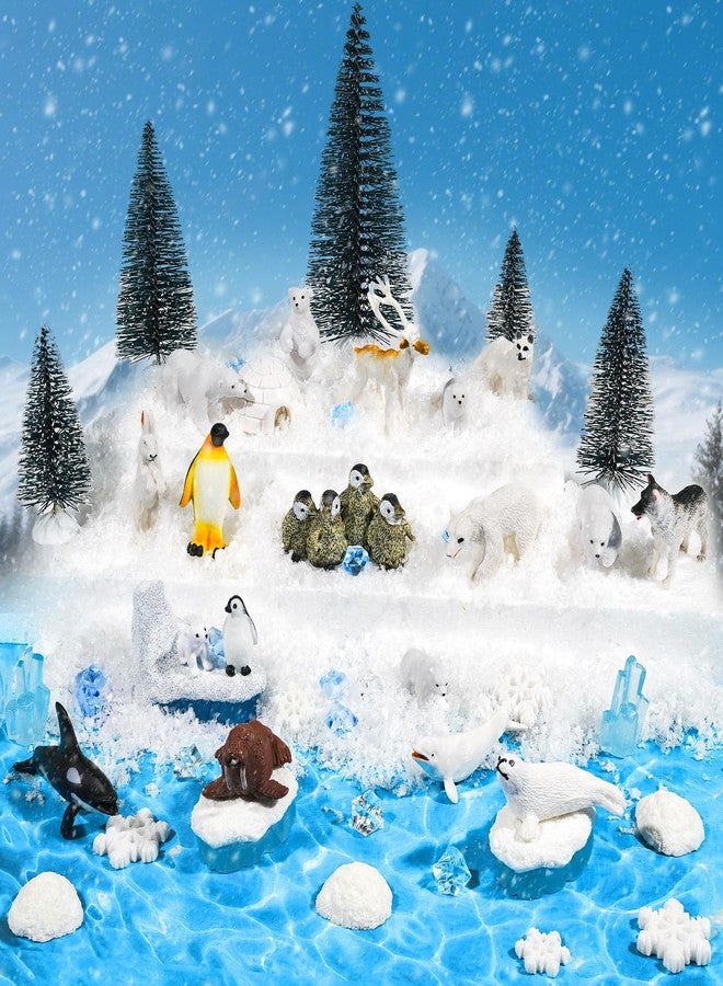 Warmtree 46 Pcs Arctic Animals Figurines Set Includes 22 Polar Bear Penguin Animals Figurines 6 Mini Pine Trees 18 Artificial Lceberg Fake Snow Ripple Water Sticker Ocean Habitat Diorama Supplies - Image 1