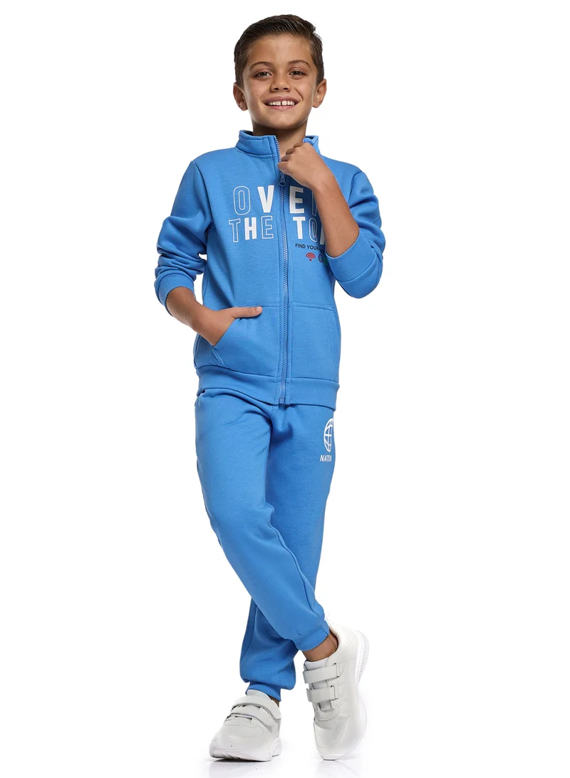 victor and jane Boys Blue Zipper Jacket Set – “Over the Top” High Neck Sweat-top &amp;  Jogger set
