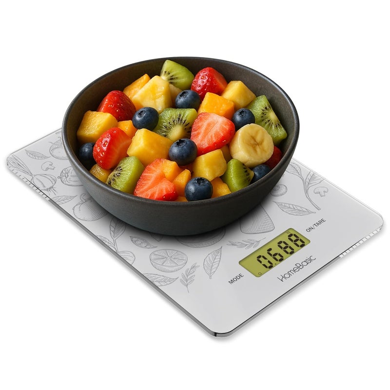 Home Basic ميزان مطبخ رقمي 5 كجم (5 أوضاع وحدة ~ دقة 0.1 جرام) منصة زجاجية، شاشة LCD، زر لمس، وظيفة الطي، آلة وزن محمولة لقياس الطعام للطهي والخبز والحمية (أبيض) - Image 1