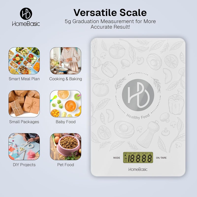 Home Basic ميزان مطبخ رقمي 5 كجم (5 أوضاع وحدة ~ دقة 0.1 جرام) منصة زجاجية، شاشة LCD، زر لمس، وظيفة الطي، آلة وزن محمولة لقياس الطعام للطهي والخبز والحمية (أبيض) - Image 3