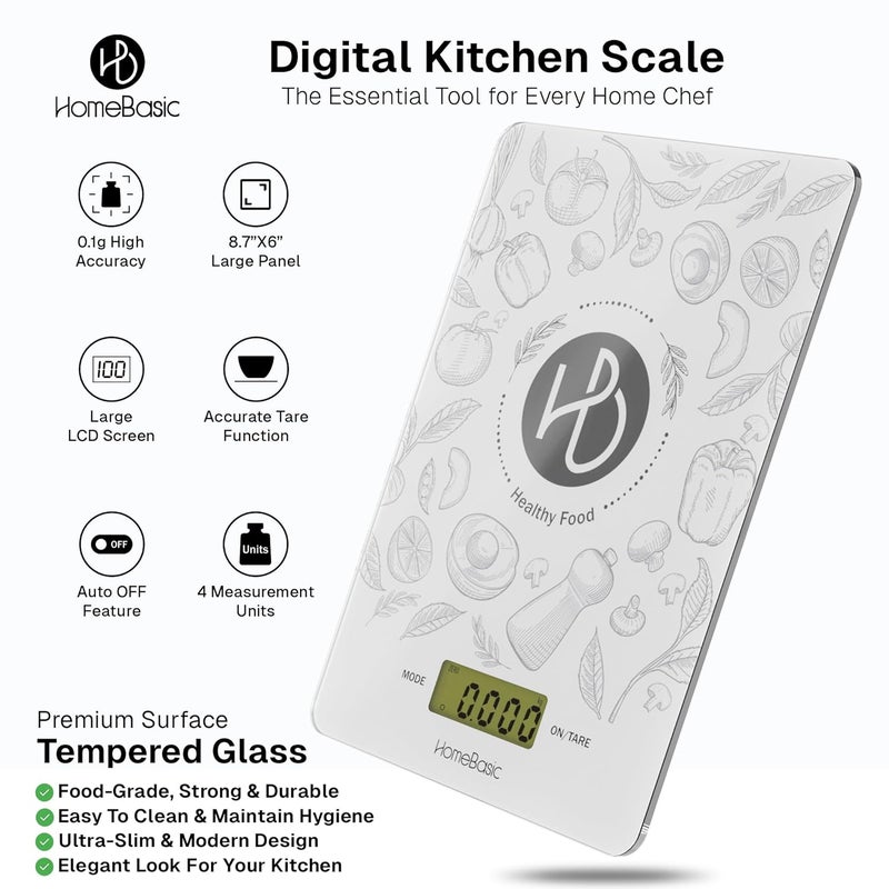 Home Basic ميزان مطبخ رقمي 5 كجم (5 أوضاع وحدة ~ دقة 0.1 جرام) منصة زجاجية، شاشة LCD، زر لمس، وظيفة الطي، آلة وزن محمولة لقياس الطعام للطهي والخبز والحمية (أبيض) - Image 2