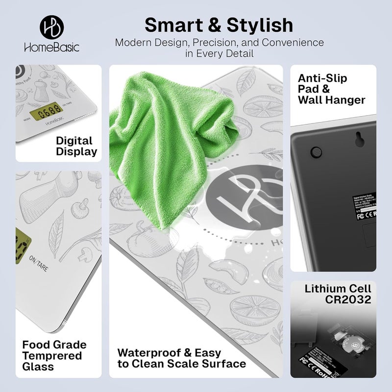 Home Basic ميزان مطبخ رقمي 5 كجم (5 أوضاع وحدة ~ دقة 0.1 جرام) منصة زجاجية، شاشة LCD، زر لمس، وظيفة الطي، آلة وزن محمولة لقياس الطعام للطهي والخبز والحمية (أبيض) - Image 4