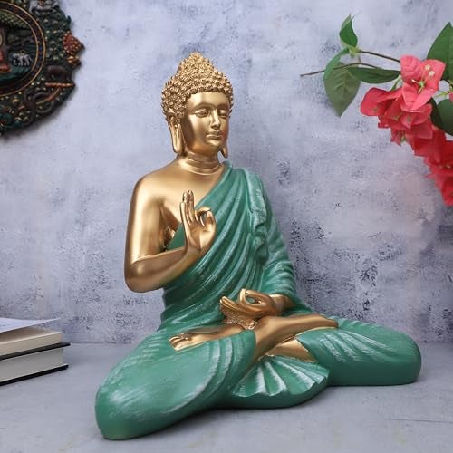 The Advitya تمثال أدفيتيا بوذا لزينة المنزل | تمثال بوذا/غوتام بوذا/شاكيموني لعرض الزينة كهدية لعيد الميلاد أو حفل تدشين المنزل | عناصر زينة المنزل لغرفة المعيشة | 14.5 بوصة (أخضر بحري) - Image 2