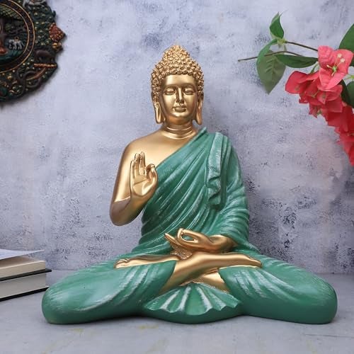 The Advitya تمثال أدفيتيا بوذا لزينة المنزل | تمثال بوذا/غوتام بوذا/شاكيموني لعرض الزينة كهدية لعيد الميلاد أو حفل تدشين المنزل | عناصر زينة المنزل لغرفة المعيشة | 14.5 بوصة (أخضر بحري) - Image 1