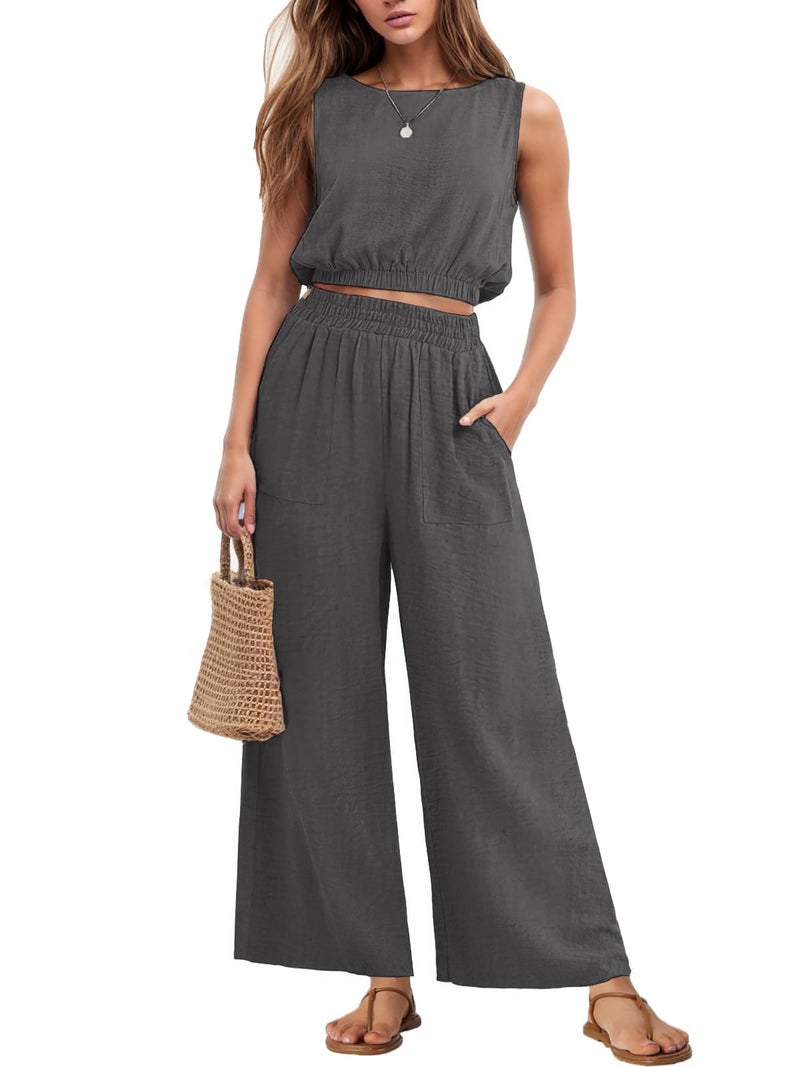 GRECERELLE Two Piece Sets for Women Sleeveless Crop Top Wide Leg Pants Sweat Set Summer Outfits For Women Dark Gray-L