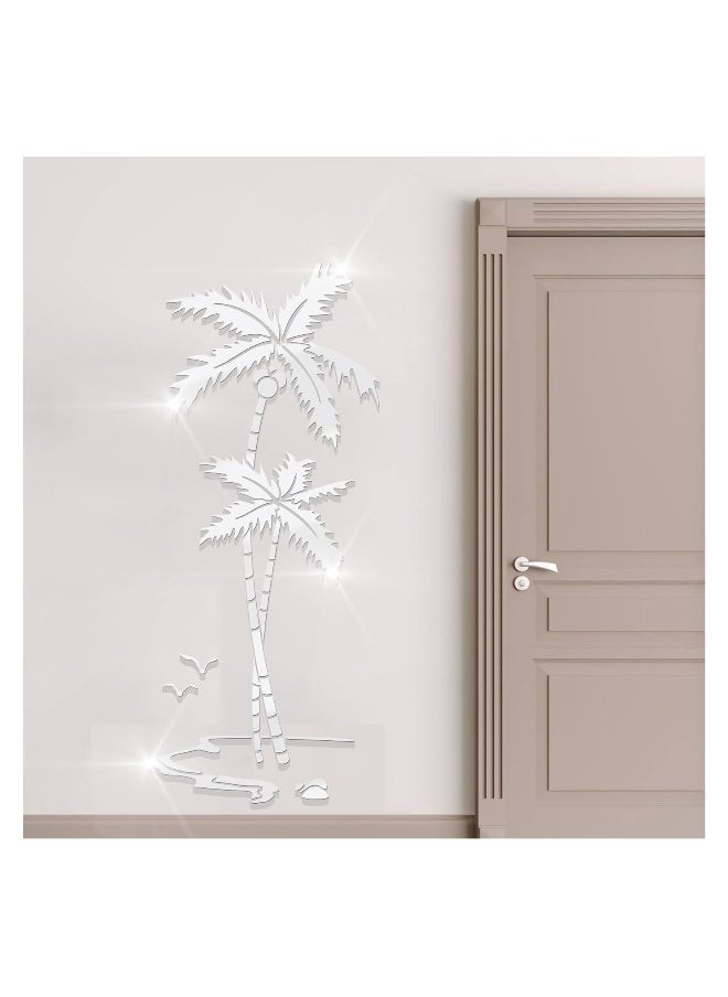 Generic Mirror Wall Stickers Decor for Bedroom 3D Silver Coconut Palm Living Room Wall Decor Acrylic DIY Wall Decals Mural Home Decoration for Sofa Backdrop TV Wall Background 59 * 25 in, Silver Left  - Image 1