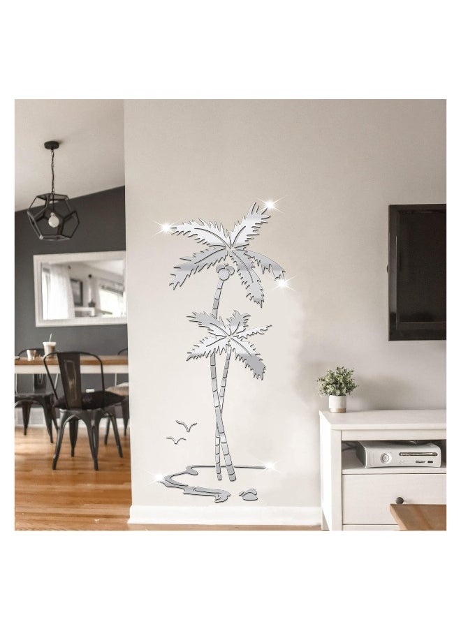 Generic Mirror Wall Stickers Decor for Bedroom 3D Silver Coconut Palm Living Room Wall Decor Acrylic DIY Wall Decals Mural Home Decoration for Sofa Backdrop TV Wall Background 59 * 25 in, Silver Left  - Image 3