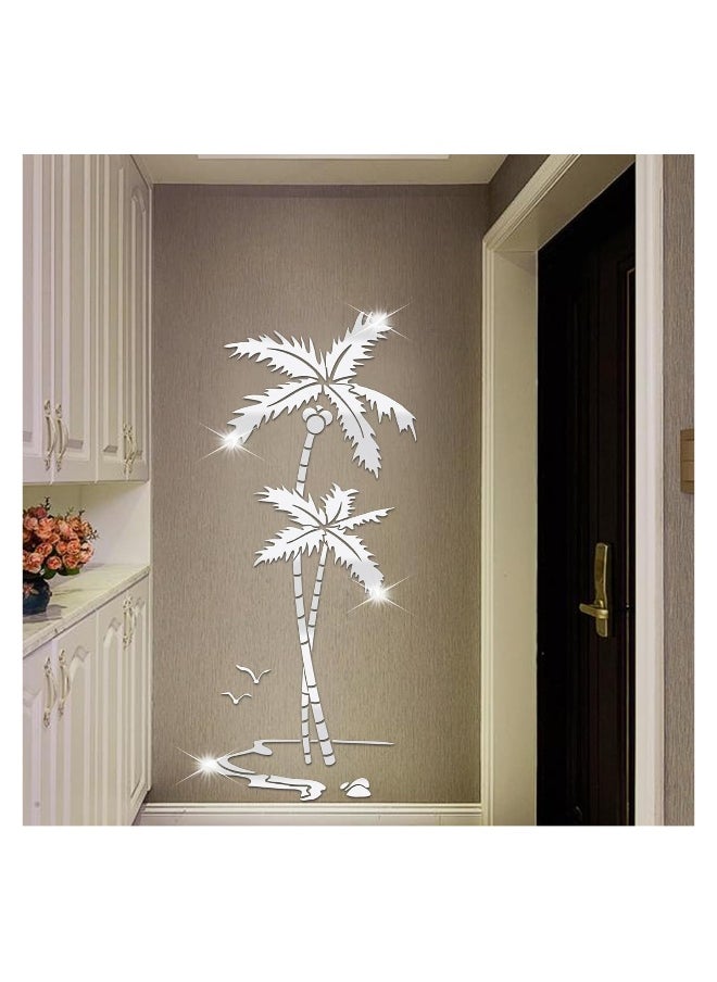 Generic Mirror Wall Stickers Decor for Bedroom 3D Silver Coconut Palm Living Room Wall Decor Acrylic DIY Wall Decals Mural Home Decoration for Sofa Backdrop TV Wall Background 59 * 25 in, Silver Left  - Image 4