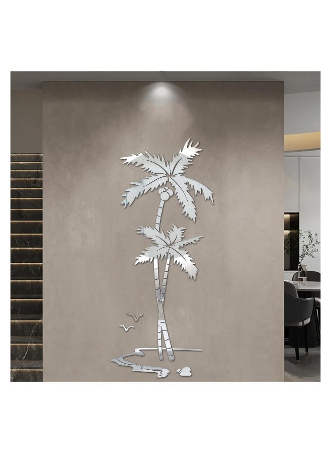 Generic Mirror Wall Stickers Decor for Bedroom 3D Silver Coconut Palm Living Room Wall Decor Acrylic DIY Wall Decals Mural Home Decoration for Sofa Backdrop TV Wall Background 59 * 25 in, Silver Left  - Image 2