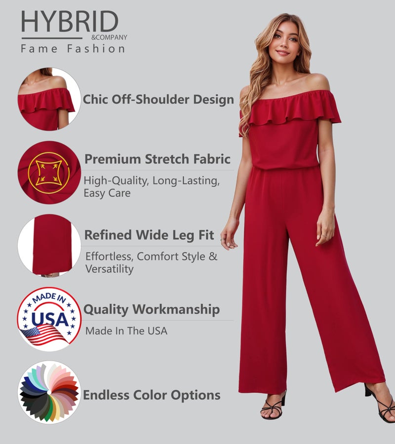 Hybrid & Company Women's Lightweight Off Shoulder Jumpsuit – Stretchy Wide Leg Romper – Casual to Formal One Piece Outfit KPVJ47696 RED L - Image 2