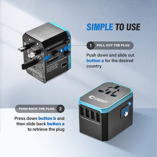 Unidapt Plug Adapter Jy-305 Plus - Universal Travel Adapter with USB-C & 4 USB Ports - Blue - Image 3