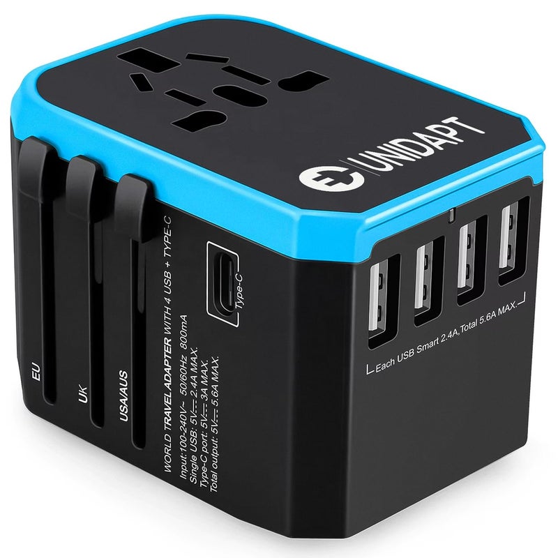 Unidapt Plug Adapter Jy-305 Plus - Universal Travel Adapter with USB-C & 4 USB Ports - Blue - Image 5