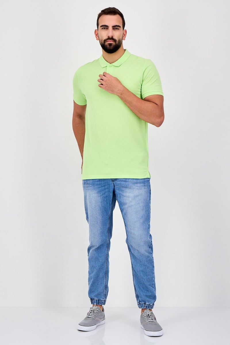 Celio Men Regular Fit Plain Short Sleeve Polo Shirts, Lime - Image 4