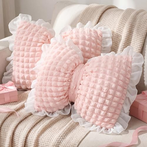 Yousoontic 2 Pcs Bow Pillows 15.7 * 12.6 in Coquette Throw Pillow Cute Bow Shaped Cushion Plush Lumbar Decorative for Girls Room Bed Sofa Couch Car(Puffy Velvet,Pink) - Image 1