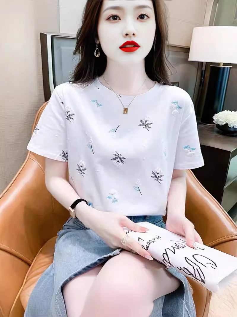 Plus Size Women'S Printed Women'S T-Shirt Short-Sleeved Korean Style 2025 Arrival Foaming Floral Loose All-Match Top - Image 2