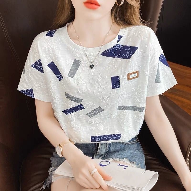 Plus Size Women'S Printed Women'S T-Shirt Short-Sleeved Korean Style 2025 Arrival Foaming Floral Loose All-Match Top - Image 1