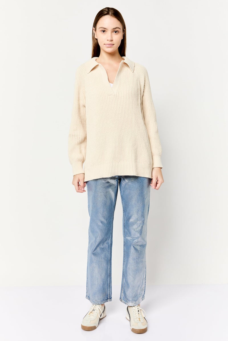Aerie Women Spread Collar Crochet Sweater, Cream - Image 4