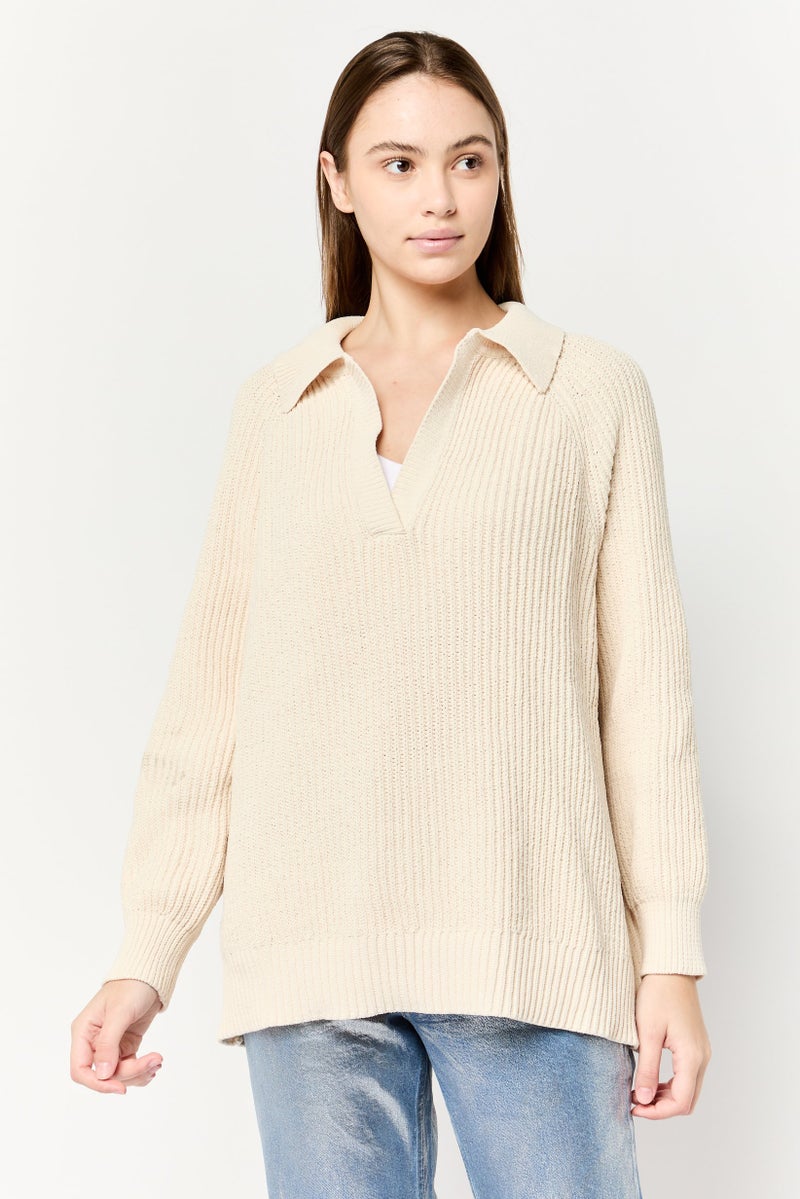 Aerie Women Spread Collar Crochet Sweater, Cream - Image 1
