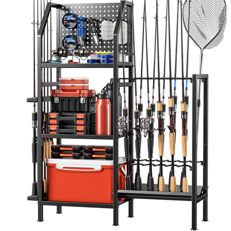POKIPO Fishing Rod Holders for Garage,Fishing Rod Rack Storage up to 18 Rods,3 Tier Adjust Heavy Duty Metal Fish Pole Stand Organizer with Pegboard for Fishing Gear and Equipment Accessories - Image 1