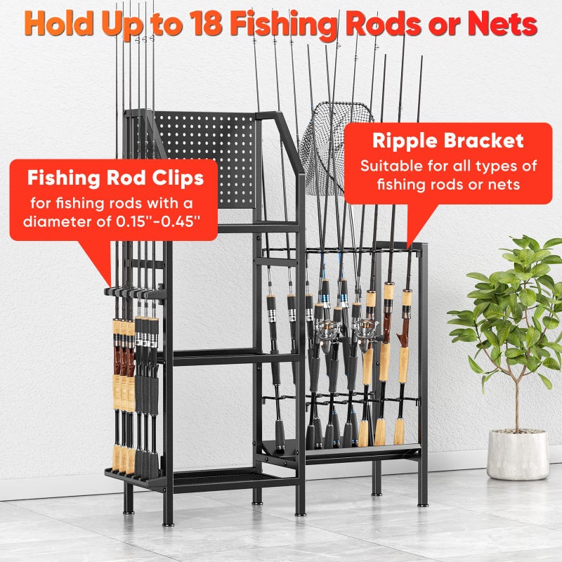 POKIPO Fishing Rod Holders for Garage,Fishing Rod Rack Storage up to 18 Rods,3 Tier Adjust Heavy Duty Metal Fish Pole Stand Organizer with Pegboard for Fishing Gear and Equipment Accessories - Image 4
