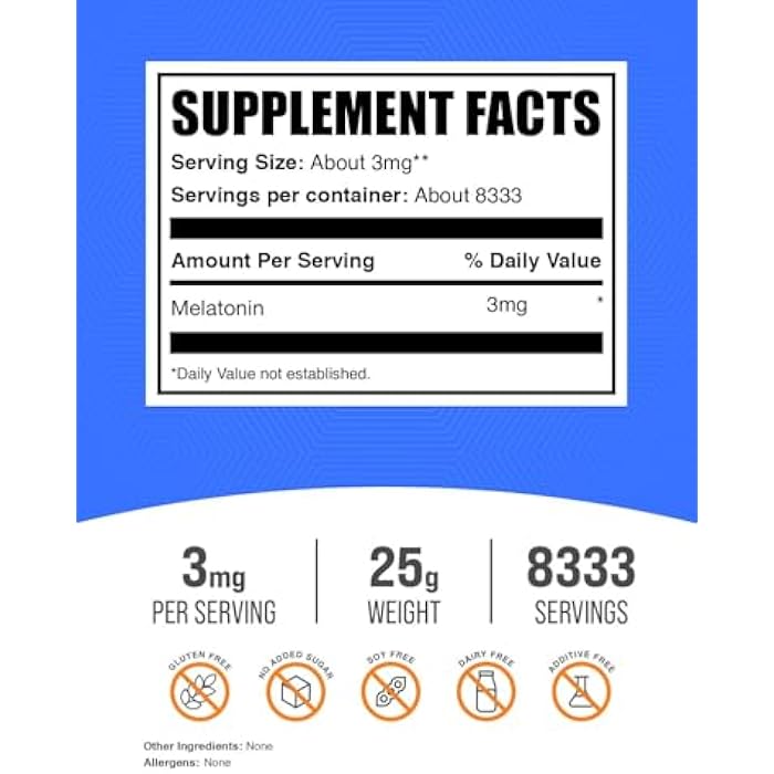 BulkSupplements.com Melatonin Powder - Pure Melatonin, Sleep Aid for Adults - Vegan & Gluten Free, 3mg per Serving, 25g (0.88 oz) (Pack of 1) - Image 2