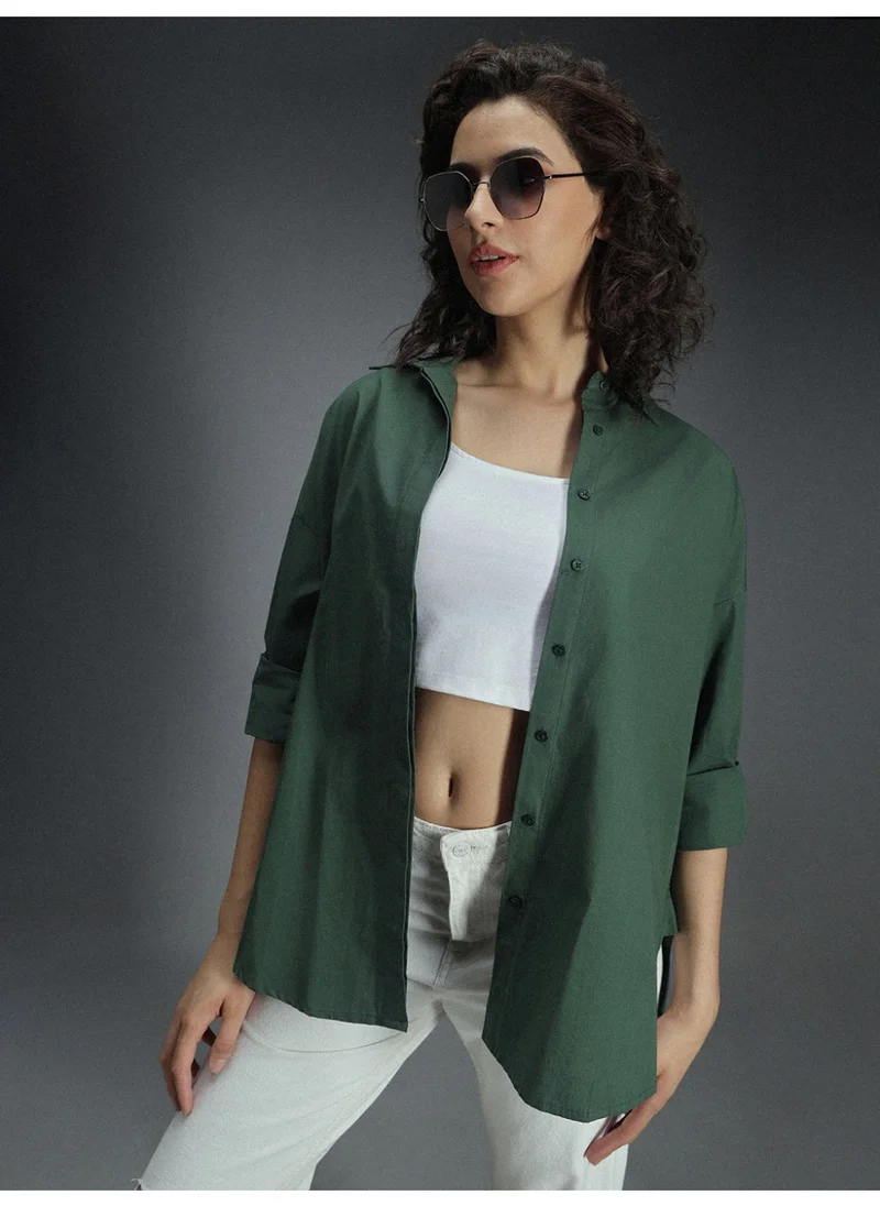 HIGH STAR Women's Green Tailored Fit V-Neck Casual Shirt