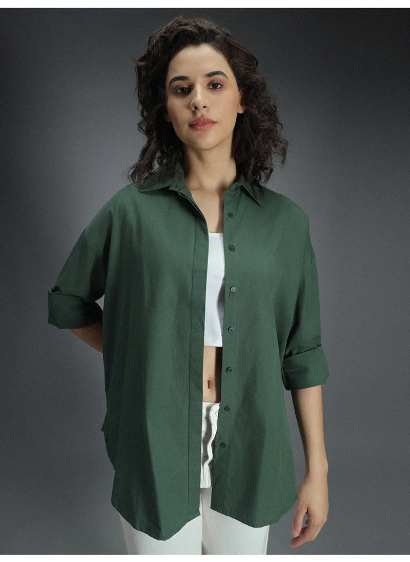 HIGH STAR Women's Green Tailored Fit V-Neck Casual Shirt