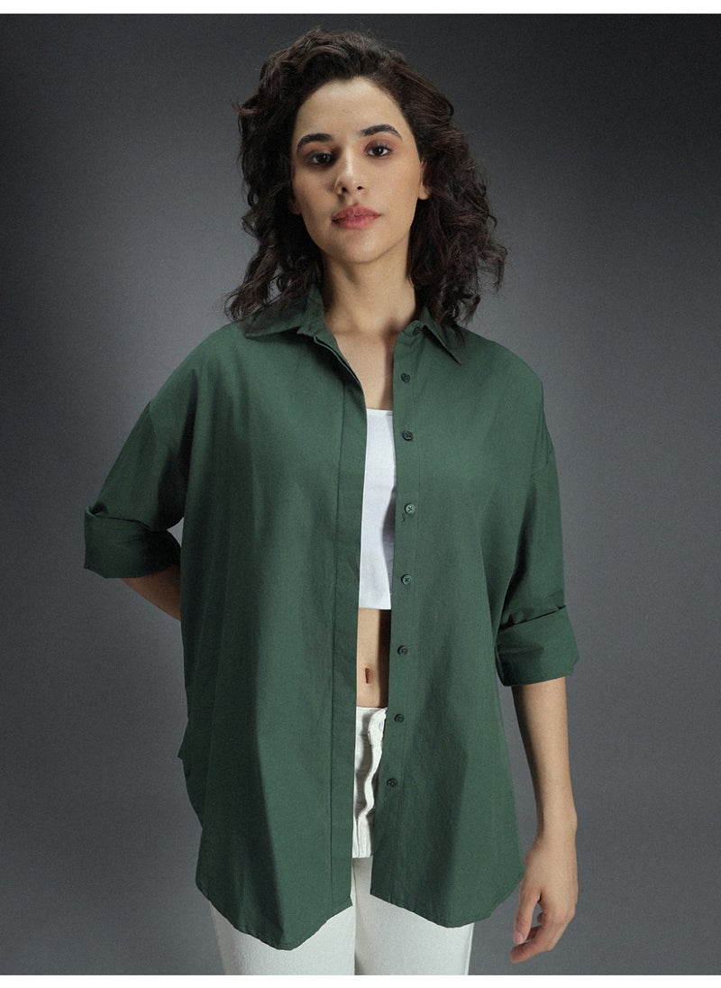 HIGH STAR Women's Green Tailored Fit V-Neck Casual Shirt  - Image 2