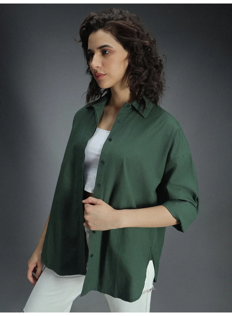 هاي ستار Women's Green Tailored Fit V-Neck Casual Shirt