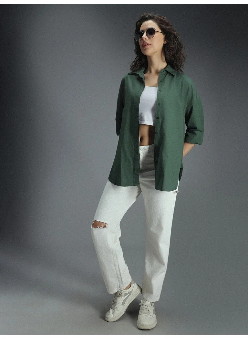 هاي ستار Women's Green Tailored Fit V-Neck Casual Shirt