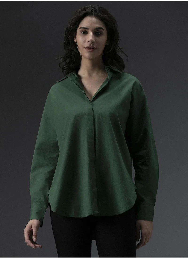 HIGH STAR Women's Green Tailored Fit V-Neck Casual Shirt