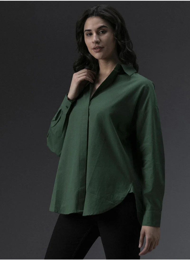 HIGH STAR Women's Green Tailored Fit V-Neck Casual Shirt