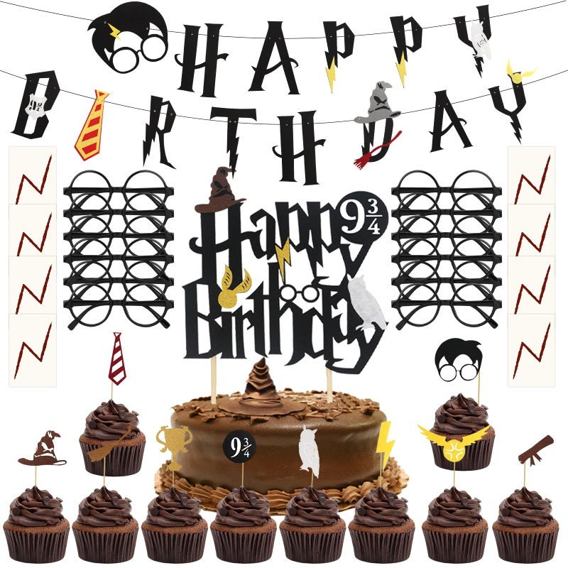 MANGO Wizard Birthday Party Decoration Magic Happy Birthday Banner Cake Topper Cupcake Glasses Frame Tattoos for Wizard Party Supplies - Image 1