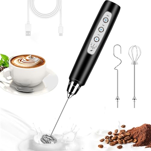 BSRGMS Milk Frother Handheld for Coffee Electric Whisk 3 Speed Adjustable Drink Mixer with Stainless 3 Whisks Rechargeable Hand Frother Wand Foam Maker for Latte Cappuccino Hot Chocolate Egg Black