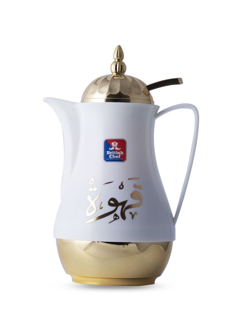 British Chef - Tea & Cawa Vacuum Flask Thermos with Double Wall Glass liner Insulated for Keeping Hot/Cold Long Hour - 1L, White/Gold - Image 1