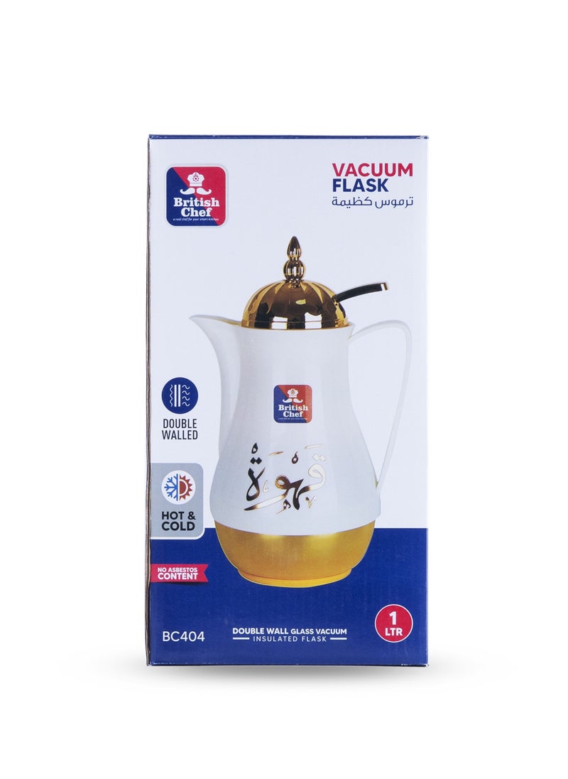 British Chef - Tea & Cawa Vacuum Flask Thermos with Double Wall Glass liner Insulated for Keeping Hot/Cold Long Hour - 1L, White/Gold - Image 1