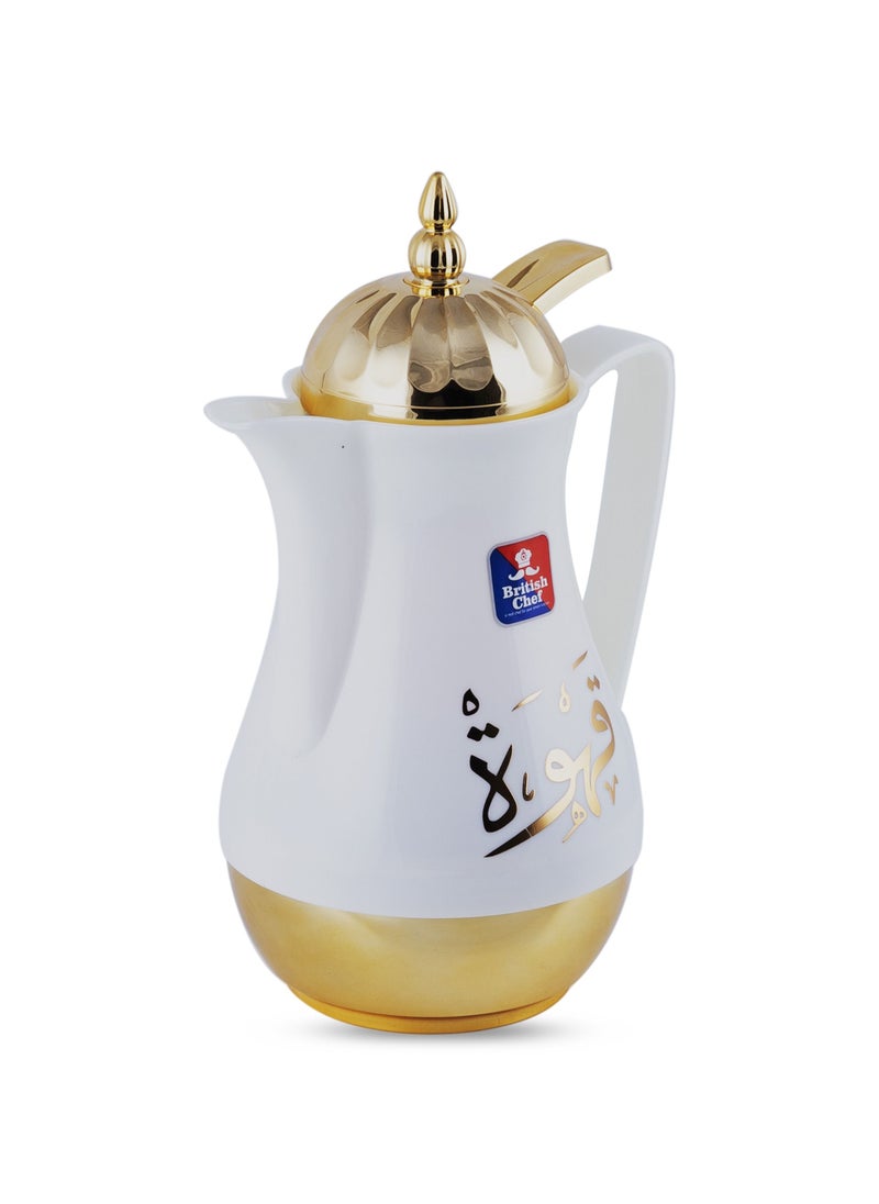British Chef - Tea & Cawa Vacuum Flask Thermos with Double Wall Glass liner Insulated for Keeping Hot/Cold Long Hour - 1L, White/Gold - Image 1